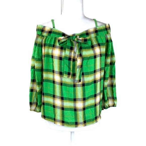 Iky & Me Top Long Sleeve Women's Plaid Blouses Green Size M - Picture 2 of 11